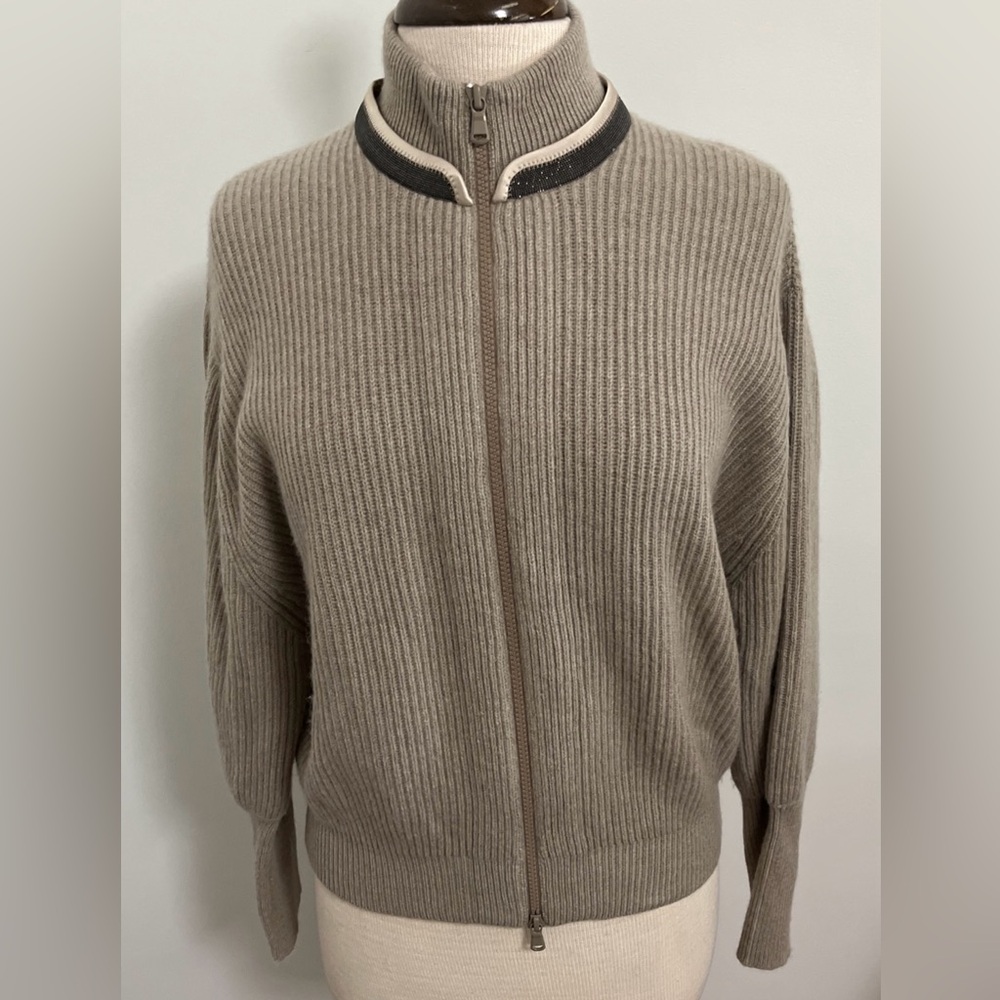 Brunello Cucinelli Taupe Ribbed Zip-Front Cashmere Sweater with Contrast Trim